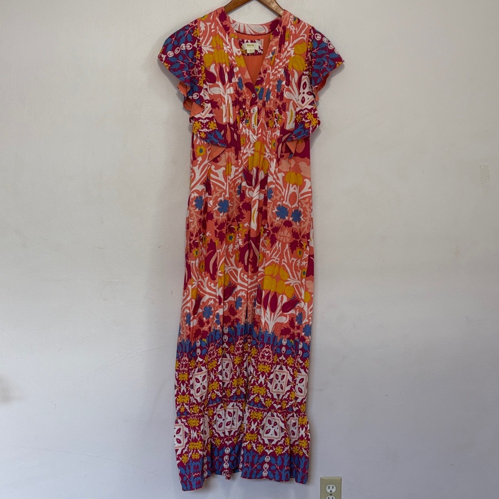 Maeve Pink Floral Maxi Dress with Blue and Yellow Accents